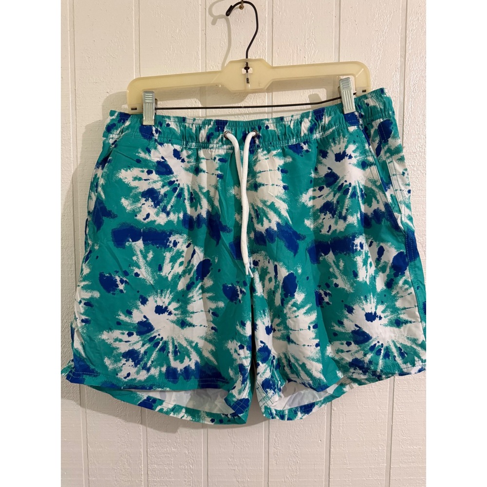 J. Crew Flex Swimwear Mens Large Teal Blue Tie Dye Sunburst Mesh Lined Trunks